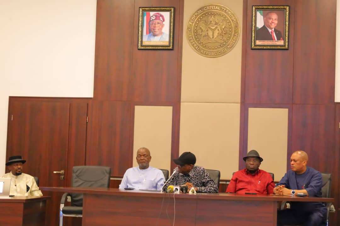 R-L) National Secretary PDP Senator Samuel Anyanwu, former governor of Abia State, Okezie Ikpeazu, FCT Minister Barr Nyesom Wike, former governor of Benue State, Samuel Ortom, Speaker of the Rivers State House of Assembly, Martin Amaewhule during  the PDP stakeholders meeting held after the Federal High Court in Abuja stopped the planned 2025 National Convention of the PDP in Abuja on Friday.